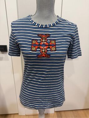 Tory Burch Blue and White Striped Short Sleeve Tee with Beaded Emblem